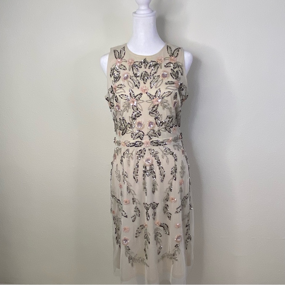 Adrianna Papell Floral Beaded Cocktail Cream Dress Embellish Sleeveless Mesh 8